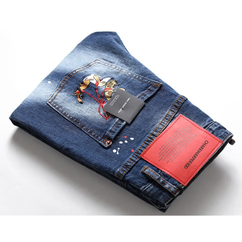 Chareiharper dsq 1090 men`s jeans High end indigo multi-hole thread cloth heavy process abrading hand-painted whitewash paint