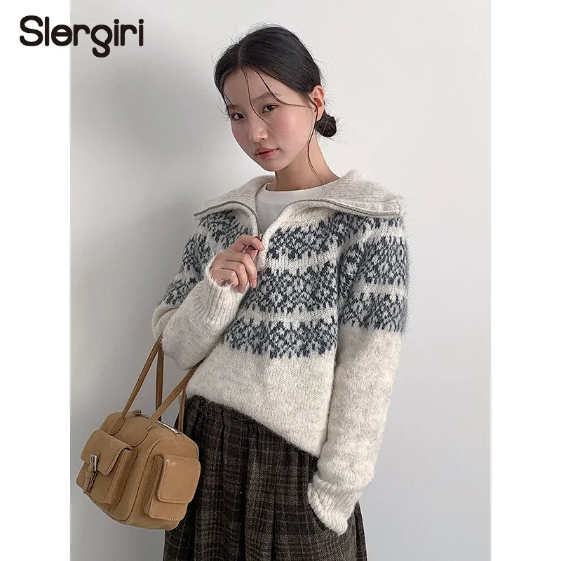 

Slergiri Half Zipper Jacquard Knitted Sweaters Women Fashion New 2025 Autumn Winter Casual Long Sleeve Warm Knitwear Pullovers