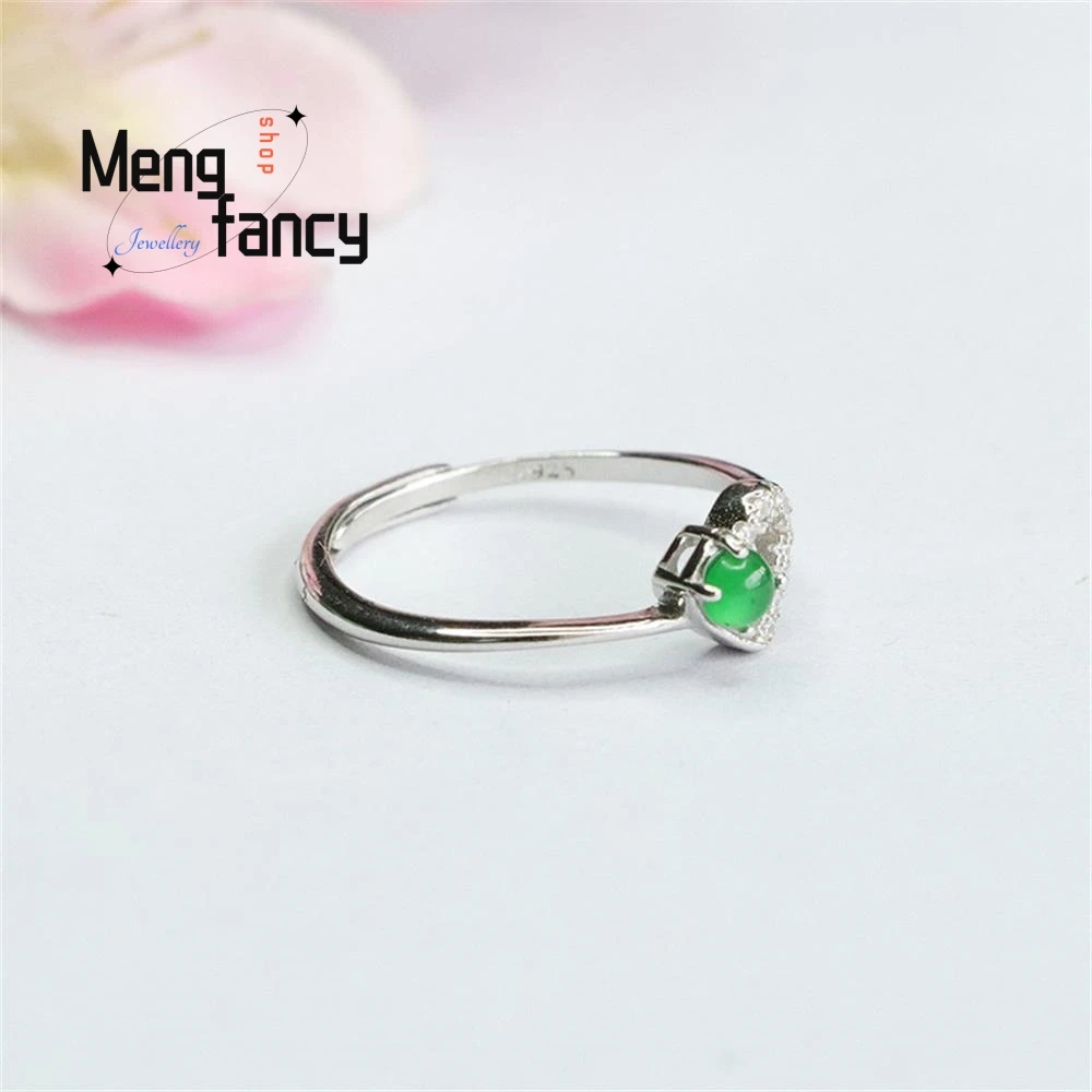 S925 Silver Inlaid Natural Jadeite Ice Type Imperial Green Love Ring Exquisite Elegant High-grade Couple promise Fashion Jewelry