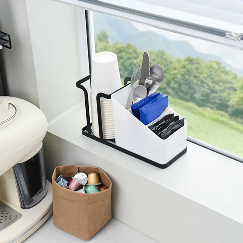 컵 및 뚜껑 거치대, 조절 가능한 커피 컵 거치대 정리함, 3 칸 일회용 컵 디펜서, 커피 포드 포함