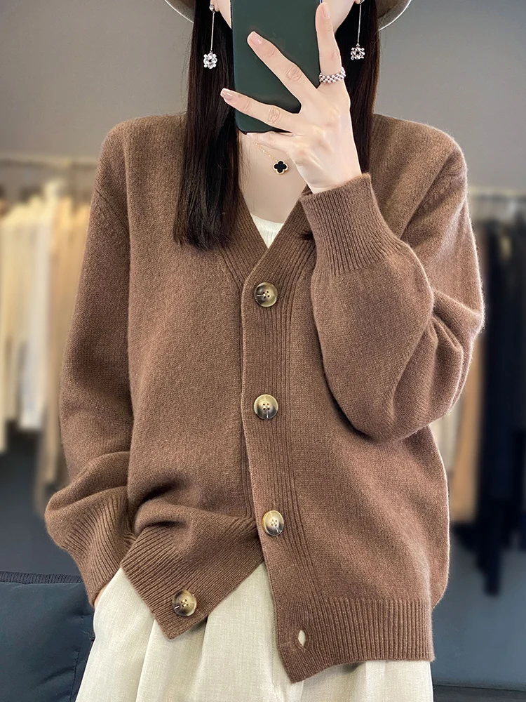 Frühling Herbst Frauen V-Ausschnitt Strickjacke Pullover reine Farbe lässig Langarm Mantel 100% Merinowolle Kaschmir Strickwaren weibliche Kleidung