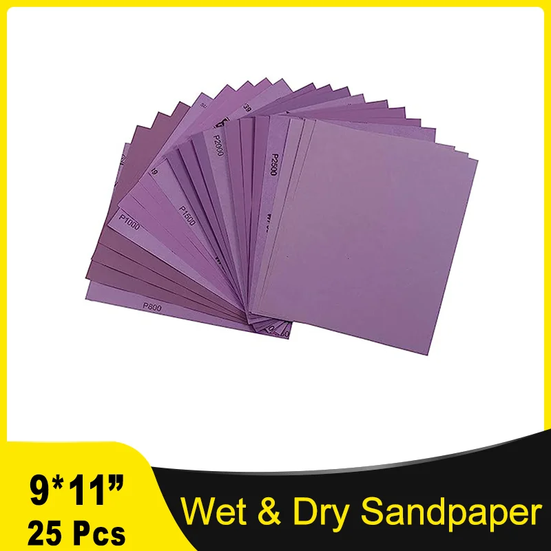 25 Pcs 9 x 11 Inch Purple Wet and Dry Sandpaper Assorted 800-2500 Grit for Grind Wood Metal Sanding Automotive Polishing