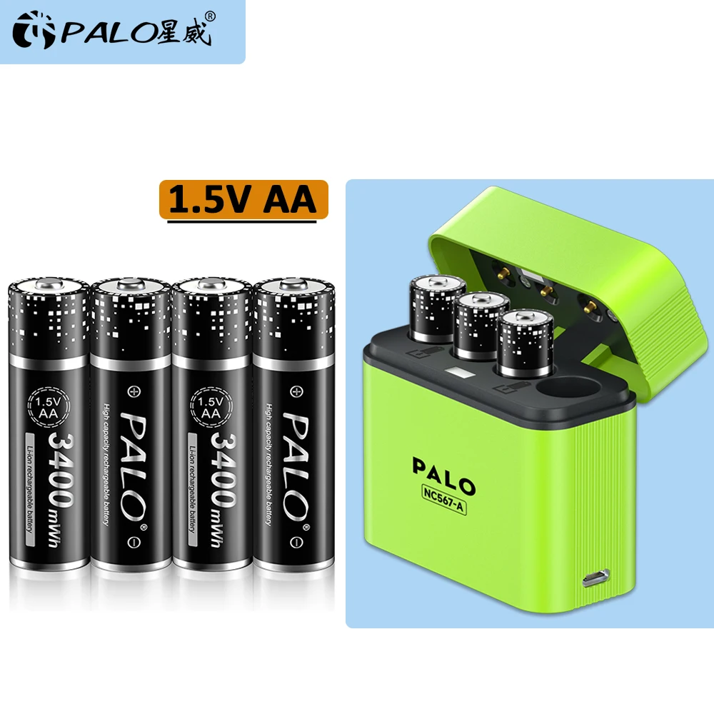 

PALO AA 1.5V Rechargeable Lithium Batteries 3400mWh 1.5V Li-ion AA Battery Intelligent Charger Box with TYPE-C data cable