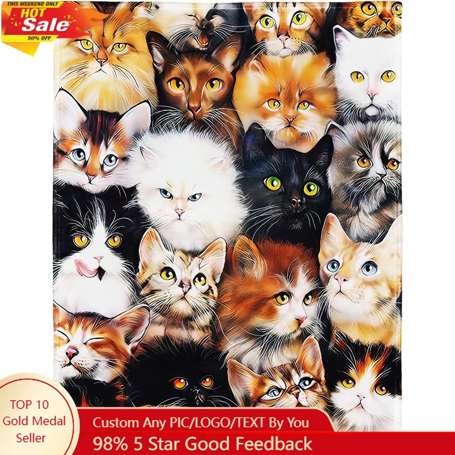 

Cute Cats Breed Collage Pet Blanket Comfort Warmth Soft Plush Throw for Couch 60" x 80"