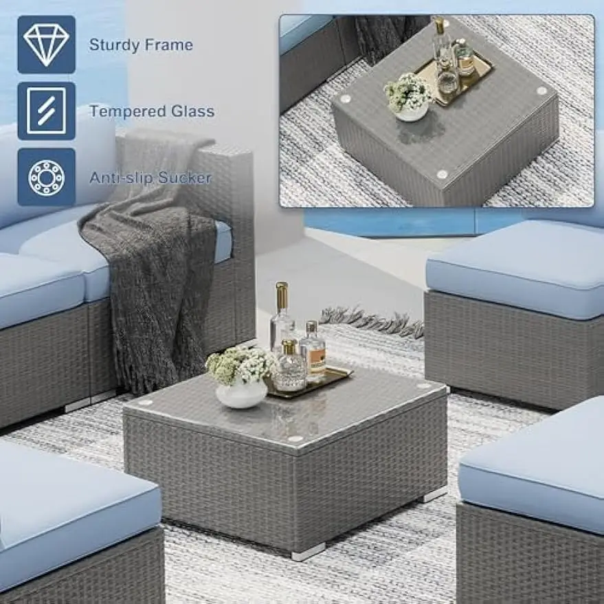 Outdoor Patio Furniture Set, Grey Rattan Outdoor Patio Sectional Conversation Set, Modular Sofa Set with Coffee Table