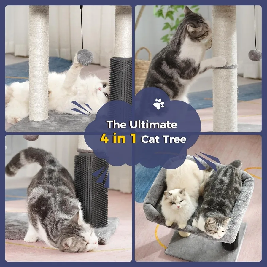 Large Cat Tree Tower with Wide Top Bed 20x15.7 inches Thick Scratch Post (4.5inch Diameter) Self Grooming Features Hanging Ball