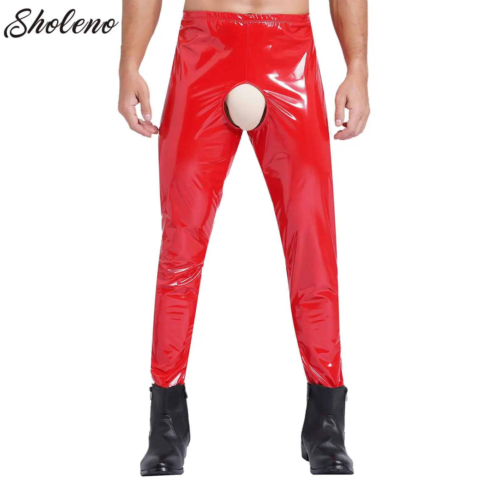 

Open Butt Open Crotch Leggings Pants Mens Glossy Patent Leather Crotchless Pants High Waist Long Pants Trousers Fancy Clubwear