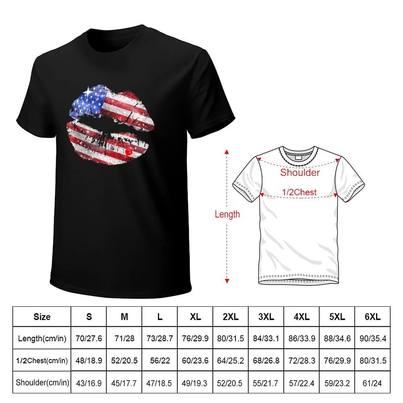USA Flag Makeup Lipstick Kiss Mark American Girl Glitter T-Shirt Casual Loose Fit Short Sleeve T-Shirt