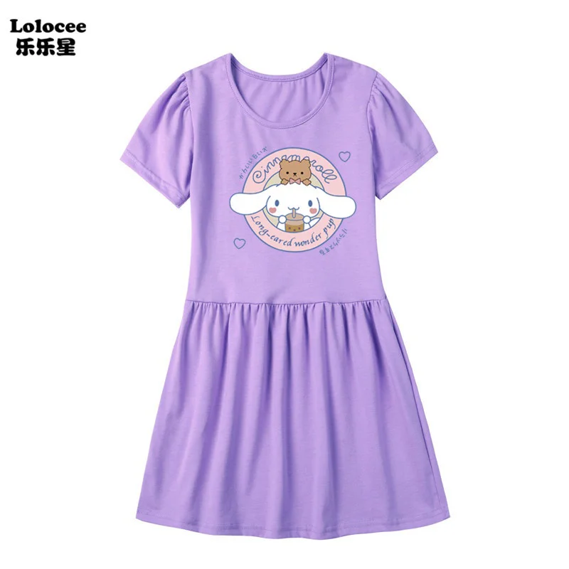 Sanrios Hello Kittys Dress My Melody Kuromi Girls Short Sleeve Dress Cartoon T-Shirt Fashion Princess Dress Summer Kids Clothes