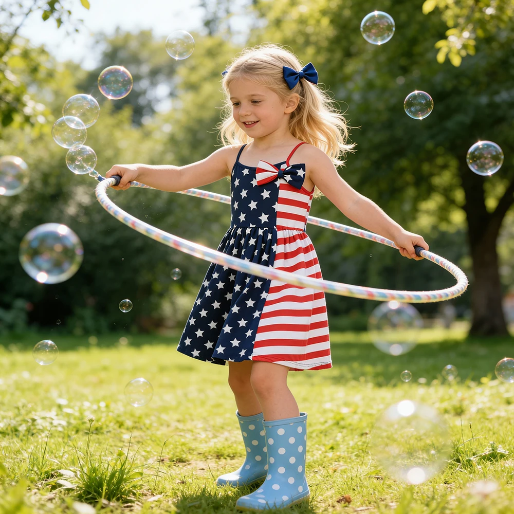 DXTON Kids Suspender Dresses Adjustable Sling Summer Children School Costume Star Bow Patchwork Girls Casual A-line Dress Outfit