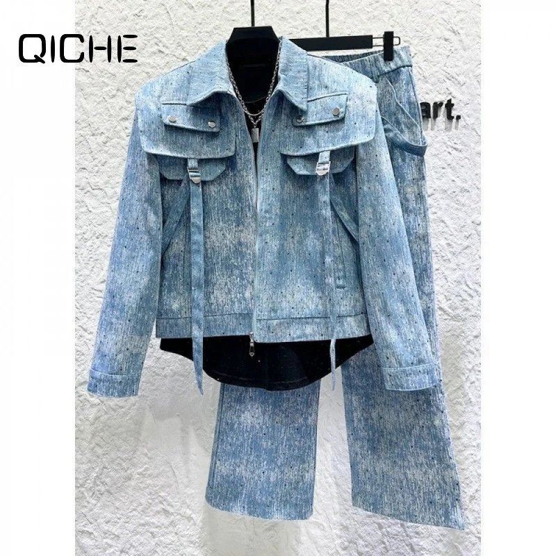 QICHE 2026 Men Trendy Spliced Shawl RhinestoneEmbellished Denim Set Loose StraightLeg TwoPiece Outfit