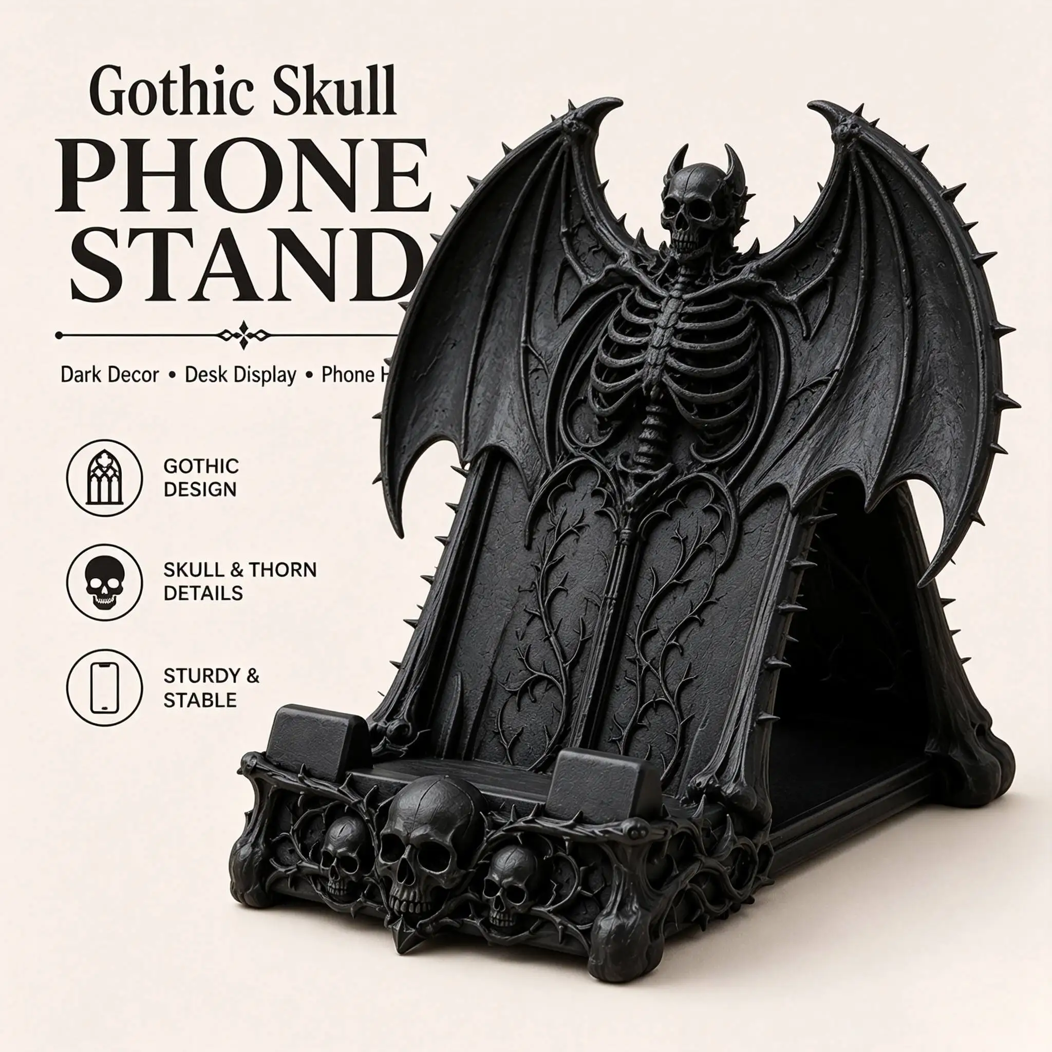 Creative 3D Printed Skull Phone Stand Dark Fantasy Stable Cell Phone Holder Spooky Plastic Devil Bat Phone Storage Rack Party