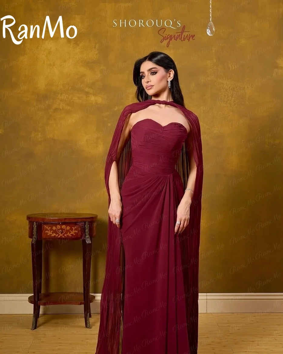 Ranmo 2025 Elegant Elegant Burgundy Chiffon Evening Party Dresses Long Cape Sleeves Sweetheart Saudi Arabia Prom Gown Customized