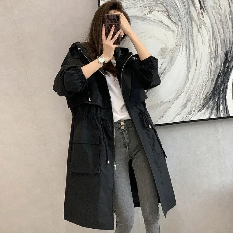 Women Trench Coats Mid Length Jackets Hooded Zipper Coat Thick Warm Y2k Streetwear Jacket Work Outerwear Autumn Winter