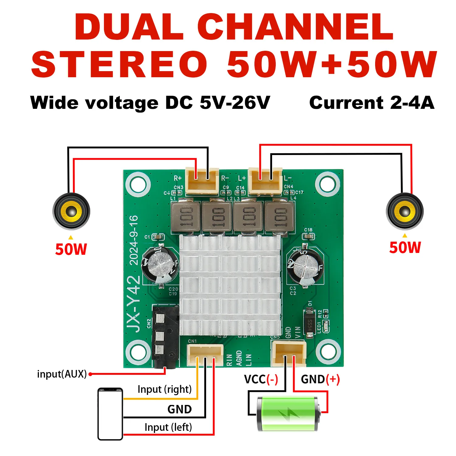 ARUIMEI 100W 2.0 Channel Digital Stereo Class D Audio Power Amplifier Board DIY 50W + 50WAmplificador Sound Board DC 8-26V 4A