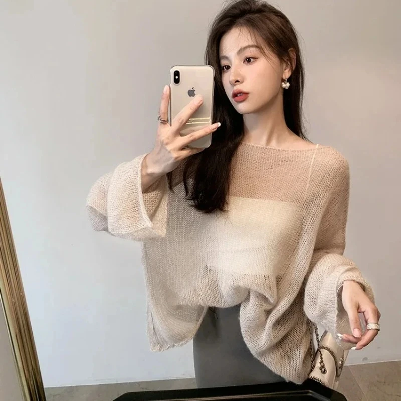 Vrouwen holle gebreide trui effen kleur mohair trui losse oversized sexy off-shoulder doorzichtige harajuku trui met lange mouwen