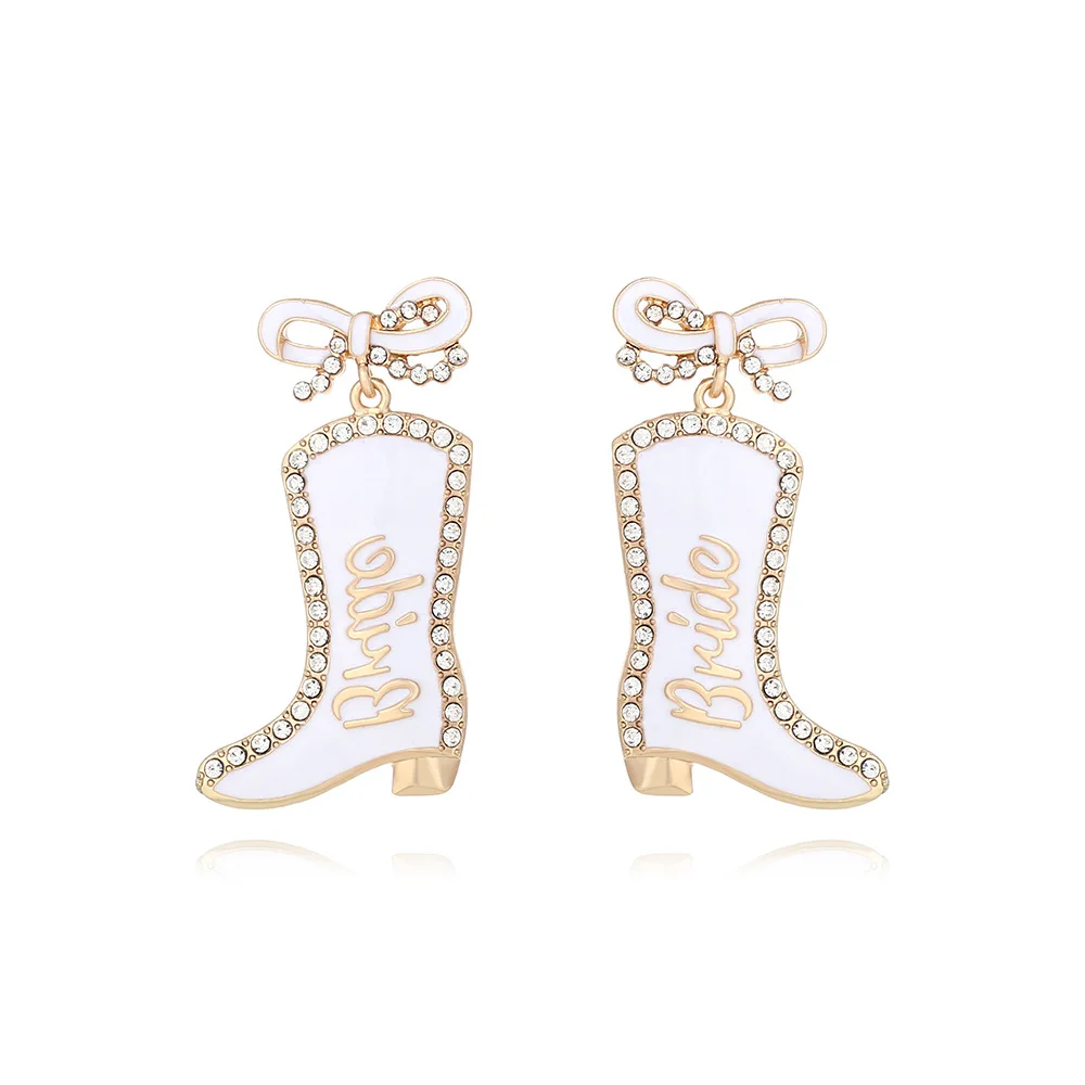 Bow Drop Oil Diamond Alphabet Boots Earrings Personalized Western Style BRIDE Alphabet Cowboy Boots Earrings