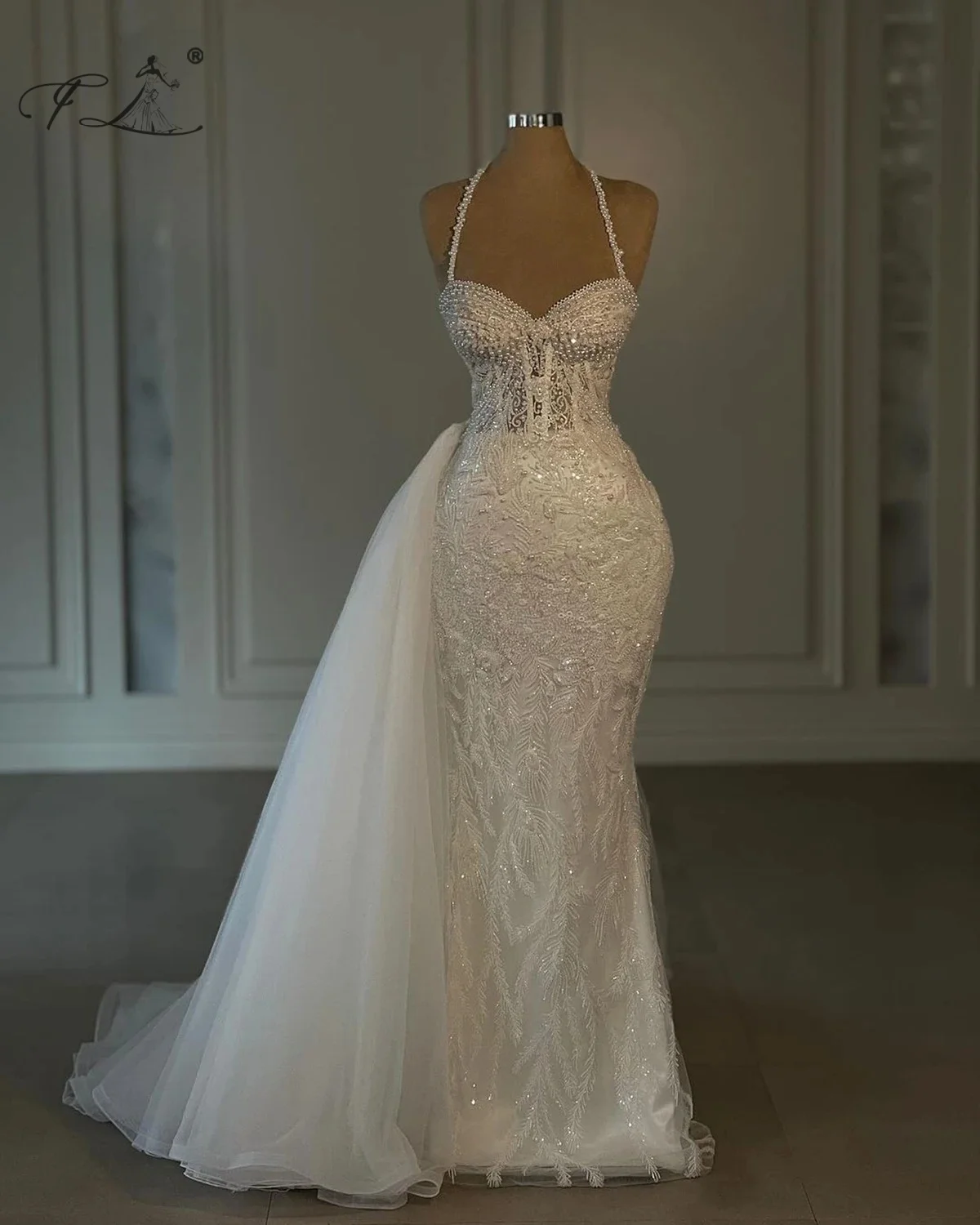 White Sexy Mermaid Bridal Gown Beading Pearl Wedding Dress Slip Dress Train Floor Length Handmade Lace Party Dresses Customized