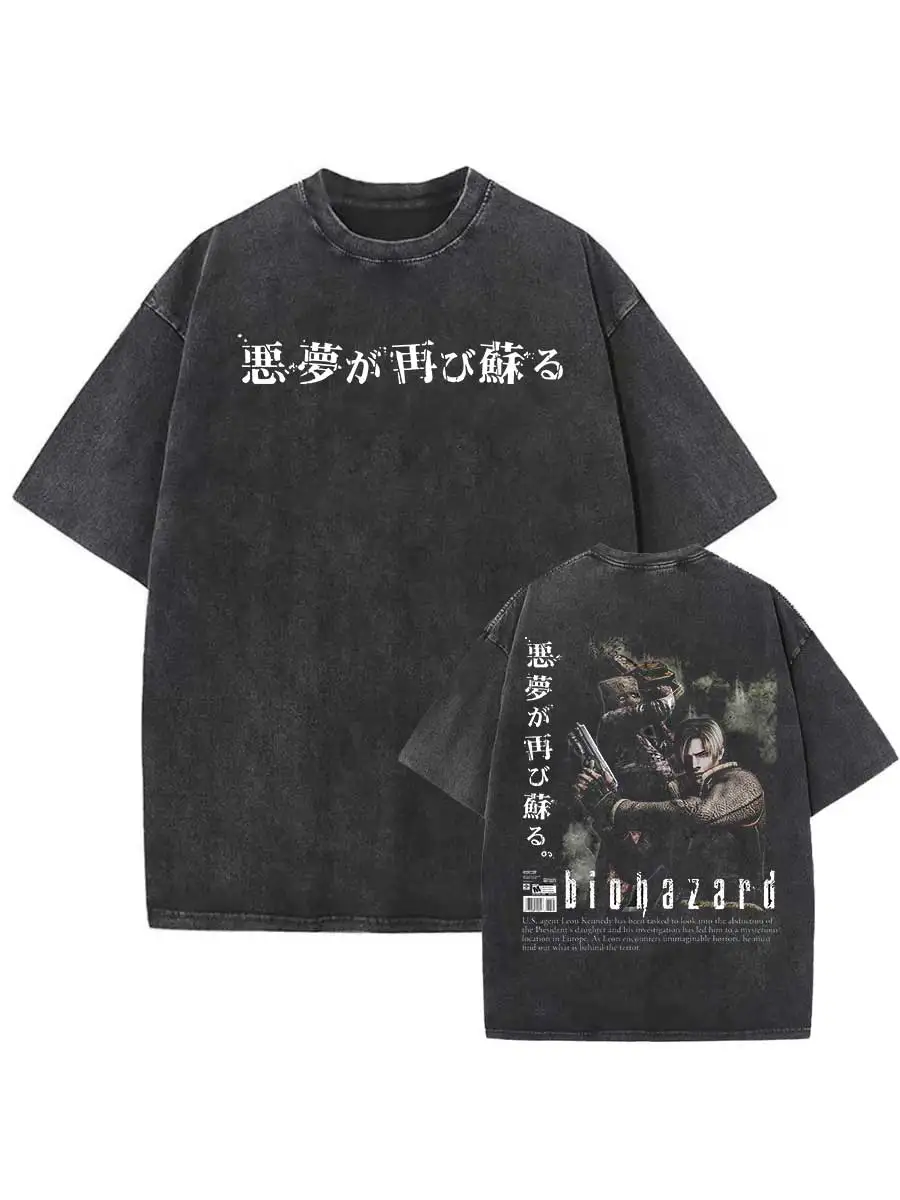 Resident Evil Biohazard Game Oversized T shirt 100% Cotton Leon Kennedy Vintage Washed T-shirt for men women hiphop streetwear