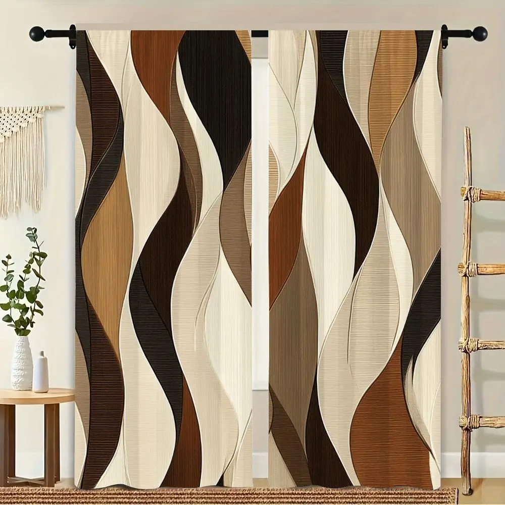

2Pcs Curtains Abstract Wave Pattern Brown Beige Pattern Window Drapes for Bedroom Living Room Decoration Window Treatment.