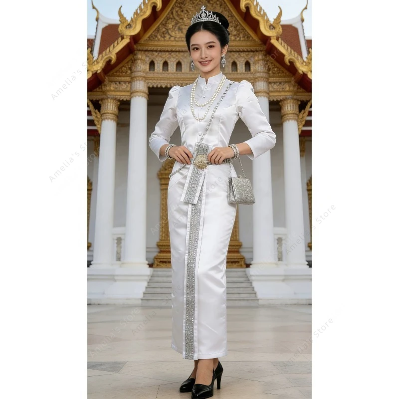 

Traditional Thai Dress Women Stand Collar Puff Long Sleeve Top Split Skirt Set Elegant Solid Formal Uniform Lady Oriental Suit