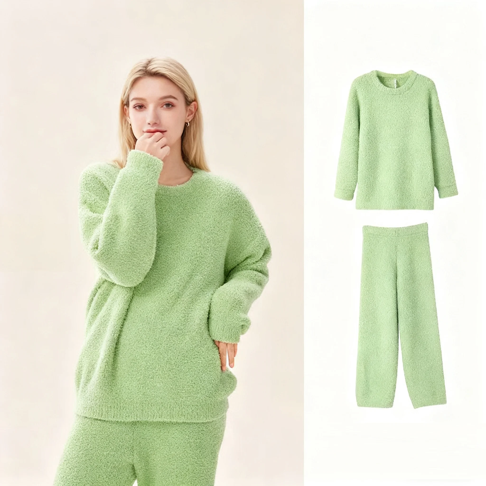 

Green Half-velvet Women's Pant Set Autumn And Winter Loungewear O-Neck Pullover + Trousers Set Thick Fleece-lined Warm Pajamas