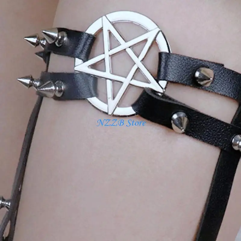 T21F Punk Leg Garter حزام الحزام المعدني برسل ساق مرصعة للنساء Cosplay