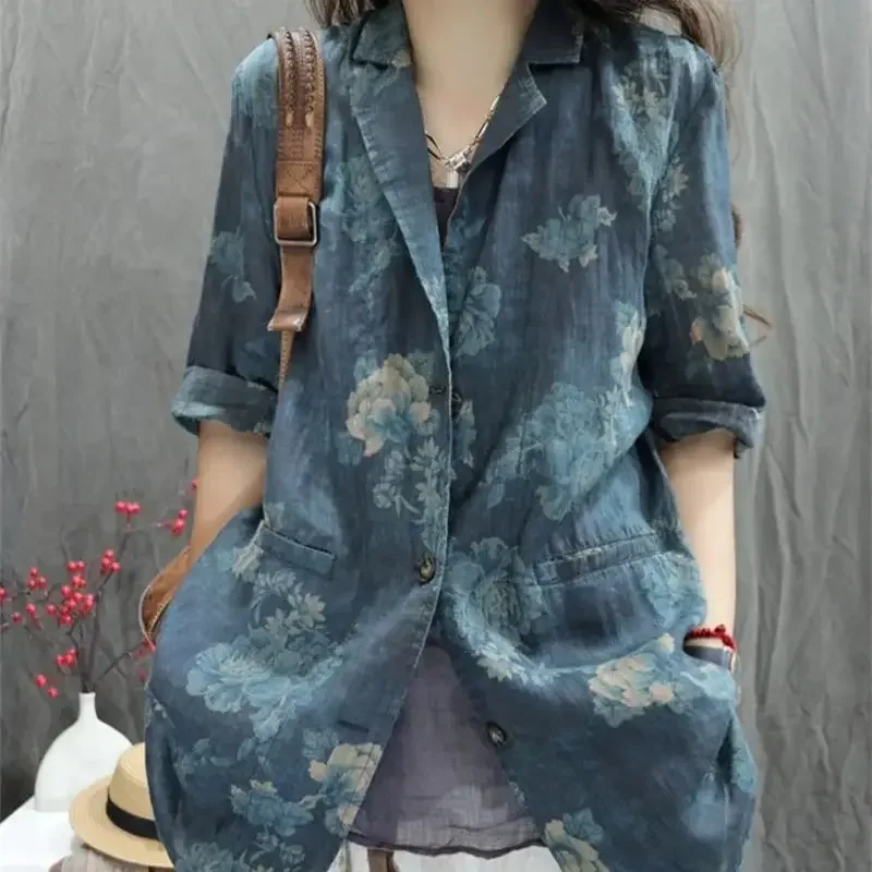 

Summer Cotton Womens Blouse 3/4 Sleeve Vintage Floral Printed Shirts Women Loose Pocket Woman Causal Tops