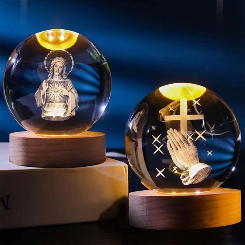 3D Christian Crystal Ball Night Light Crystal Sphere With LED Light USB Powered Lamp For Bedroom Desk Ornament Christmas Decor