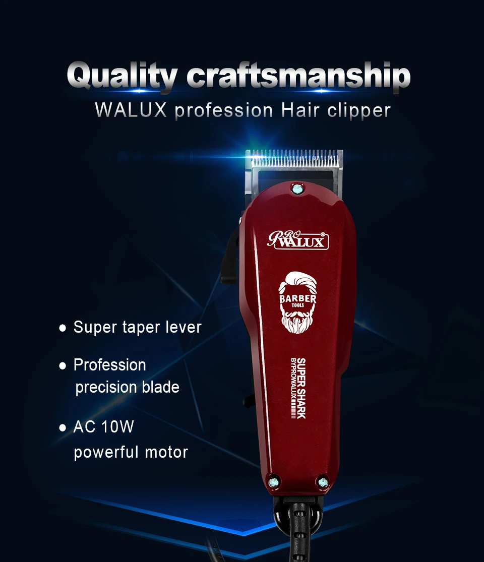 WALUX Professioneller AC-Haarschneider, 10 W, starke Leistung, 2 m langes Kabel mit 8 verstellbaren Führungskämmen für Haarschnitte zu Hause für Männer – Detail 1