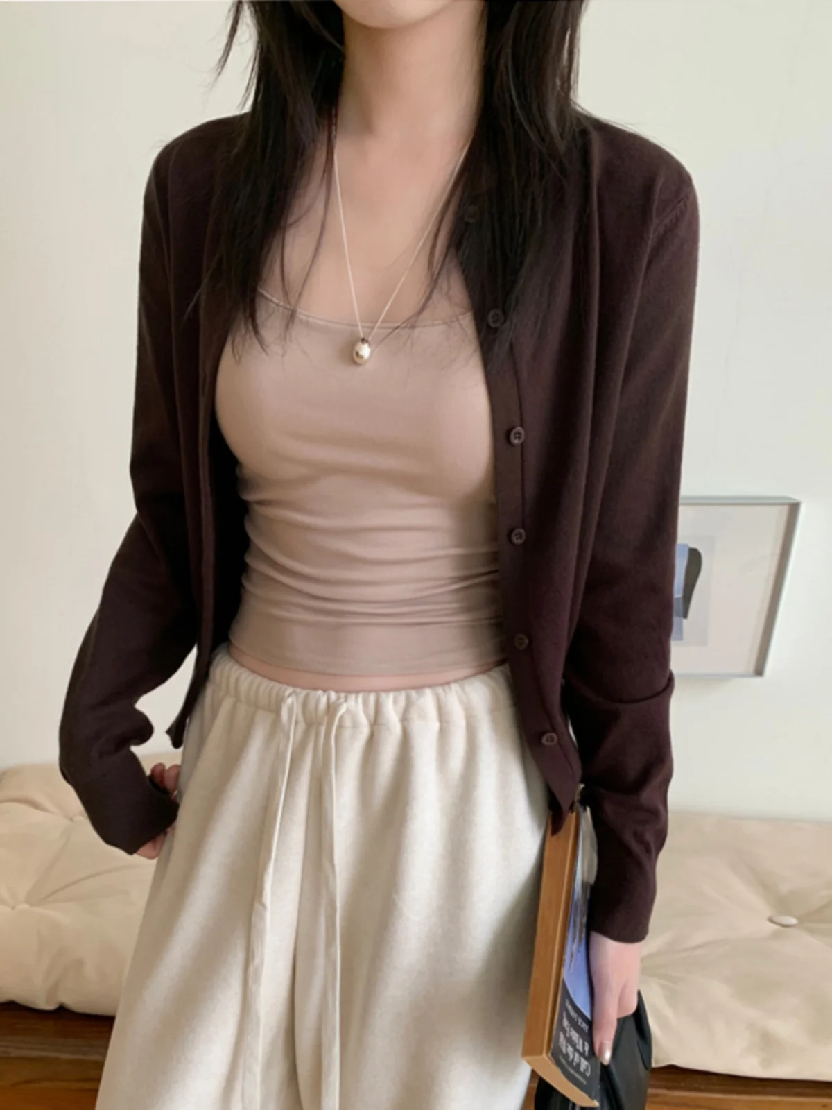 

Карамельно-коричневое вязаное короткое пальто в винтажном стиле, свитер кофейного цвета, уникальный дизайн, весенняя верхняя одежда для женщин, милый свободный крой