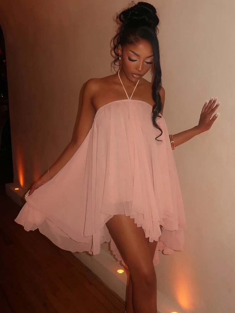 Kliou Y2K Style Mini Dress For Woman Lace-Up Halter Off Shoulder Backless Irregular Hem Hot Girls Street Ruched Elegant Bodycon