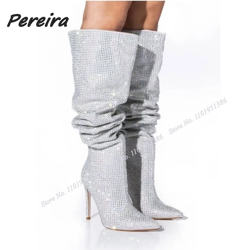 

Pereira Solid Crystal Knee High Boots Pleated Slip on Stiletto High Heel Pointed Toe Shoes for Women High Heels Zapatillas Mujer