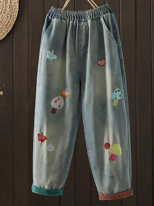 

Retro Heavy Duty Patchwork Mushroom Embroidered Denim Harem Pants Women's Summer New Cartoon Anti Aging Nine Points Pants