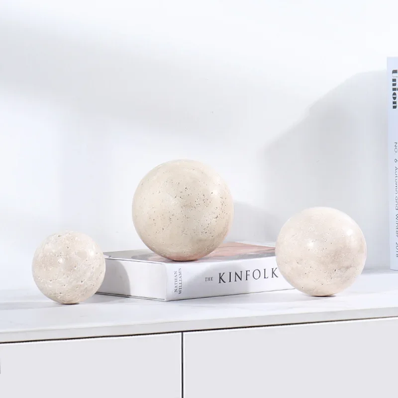 Natural Stone Marble Support, with Circular Stone Balls of Different Diameters and Beige Limestone Sculptures, Home Decoration