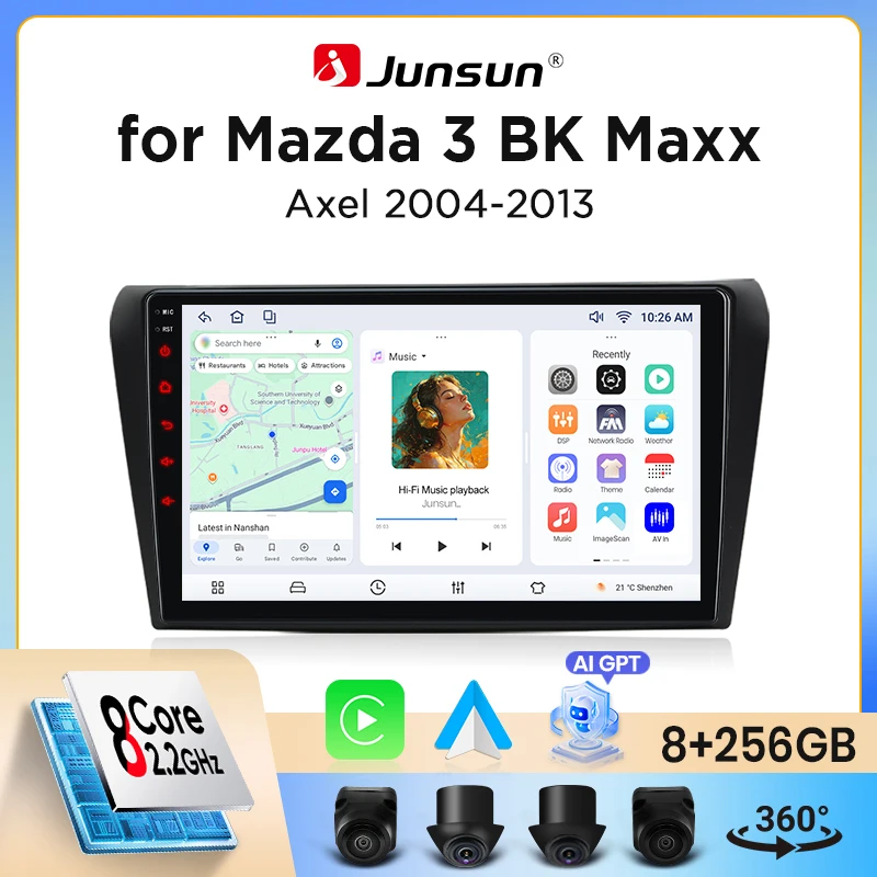 Autoradio Junsun sans fil CarPlay Android Auto pour Mazda 3 (BK) 2003-2009 avec ventilateur de refroidissement intégré, navigation GPS Android, lecteur multimédia, WiFi, DSP, RDS, BT, SWC, écran tactile IPS, autoradio, lecteur vidéo, unité principale, stéréo