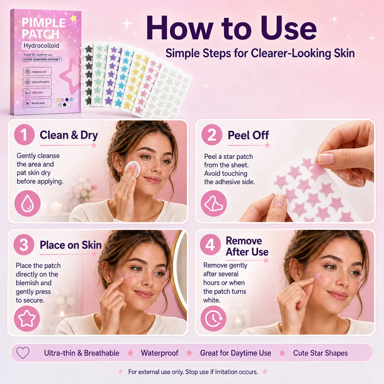 280/560/840/1400PCS Hydrocolloid Star Pimple Patches, 7 Colors, Ultra-Thin Waterproof Face Stickers for Day & Night Use view 6