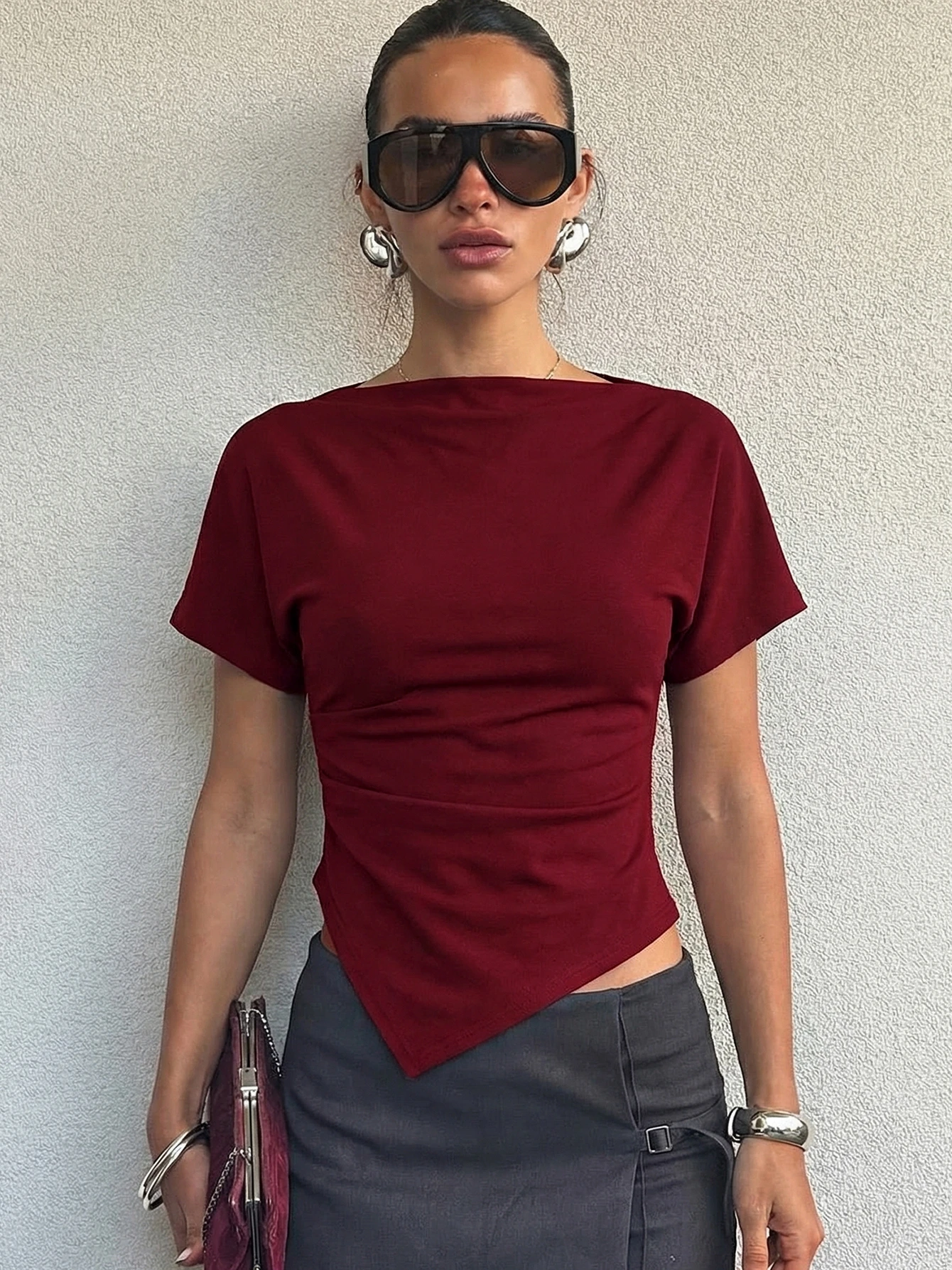Hugcitar Fashion Solid Short Sleeve Ruched Sexy Irregular Crop T-Shirt Top Summer Women Clothes Streetwear Party Club Wholesale