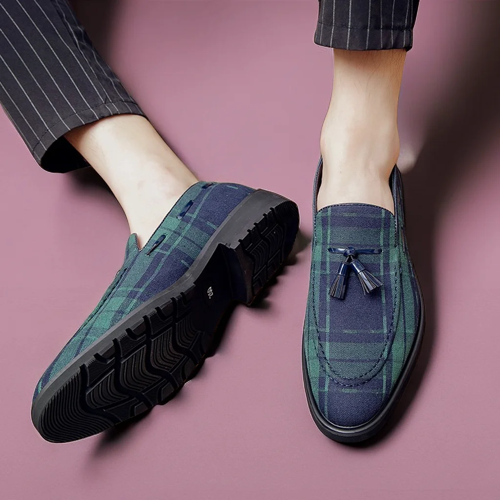 New Loafers Men Square Toe Tassels Gingham Canvas Fashion Dress Shoes Size 38-48