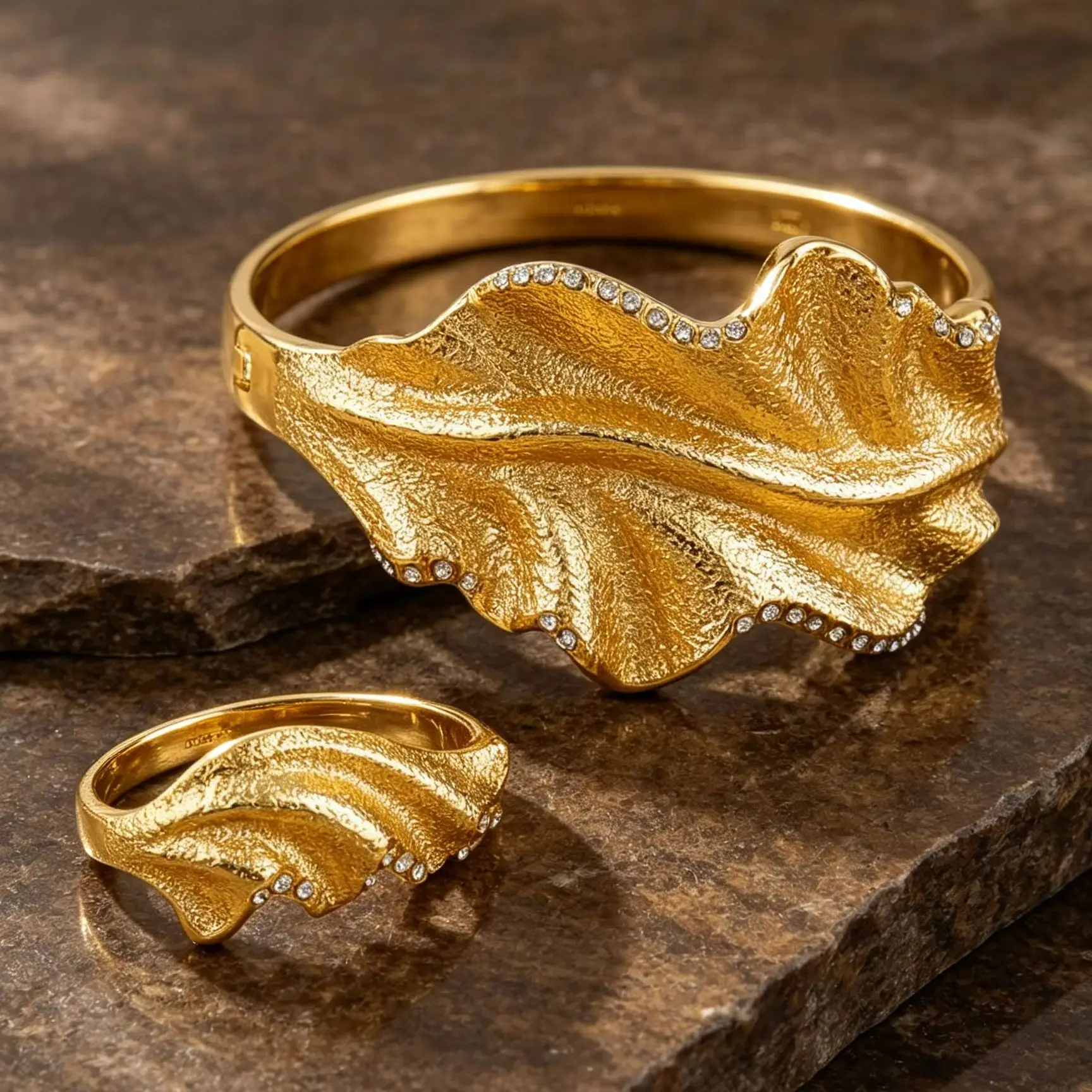 Lady Large Leaf-shaped Engraved Bracelet Ring Jewelry Set Luxurious Copper Alloy Fashion Gift Suitable for Birthday Parties