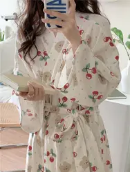 Roupão de pijama de quimono feminino, manga longa, comprimento médio, pijama fofo, vestido de noite, roupa para dormir de verão, sexy, primavera, outono