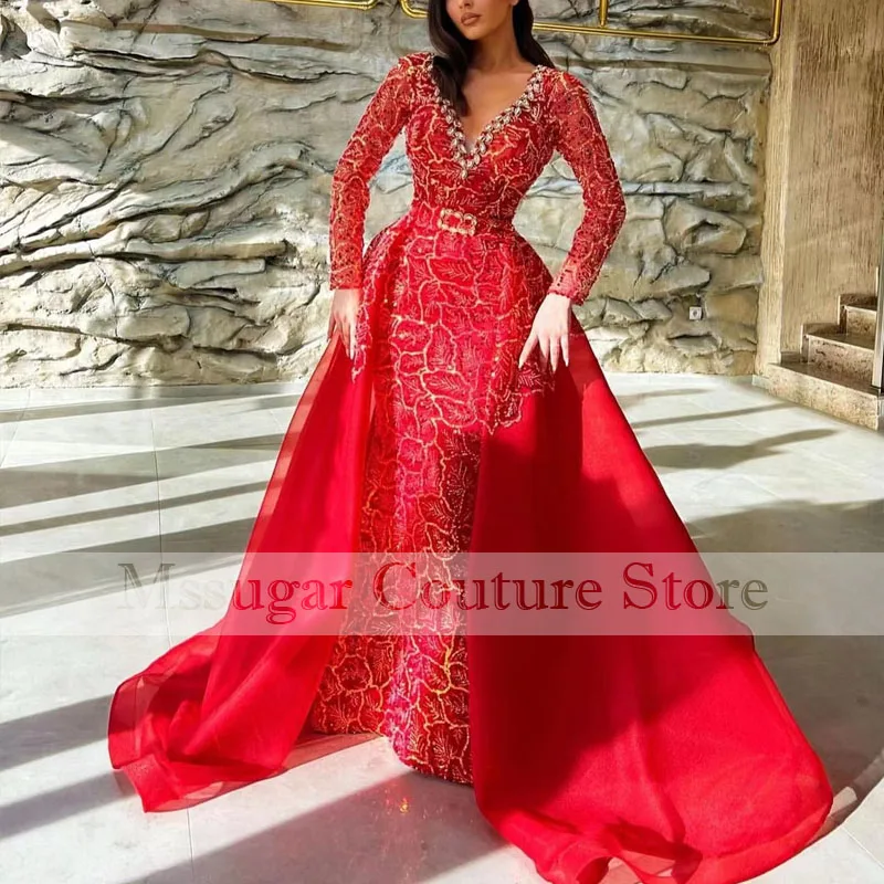 

2022 Vintage Red Evening Dresses V-neck Mermaid Floor Length Party Prom Gowns Detachable train robes de soiree