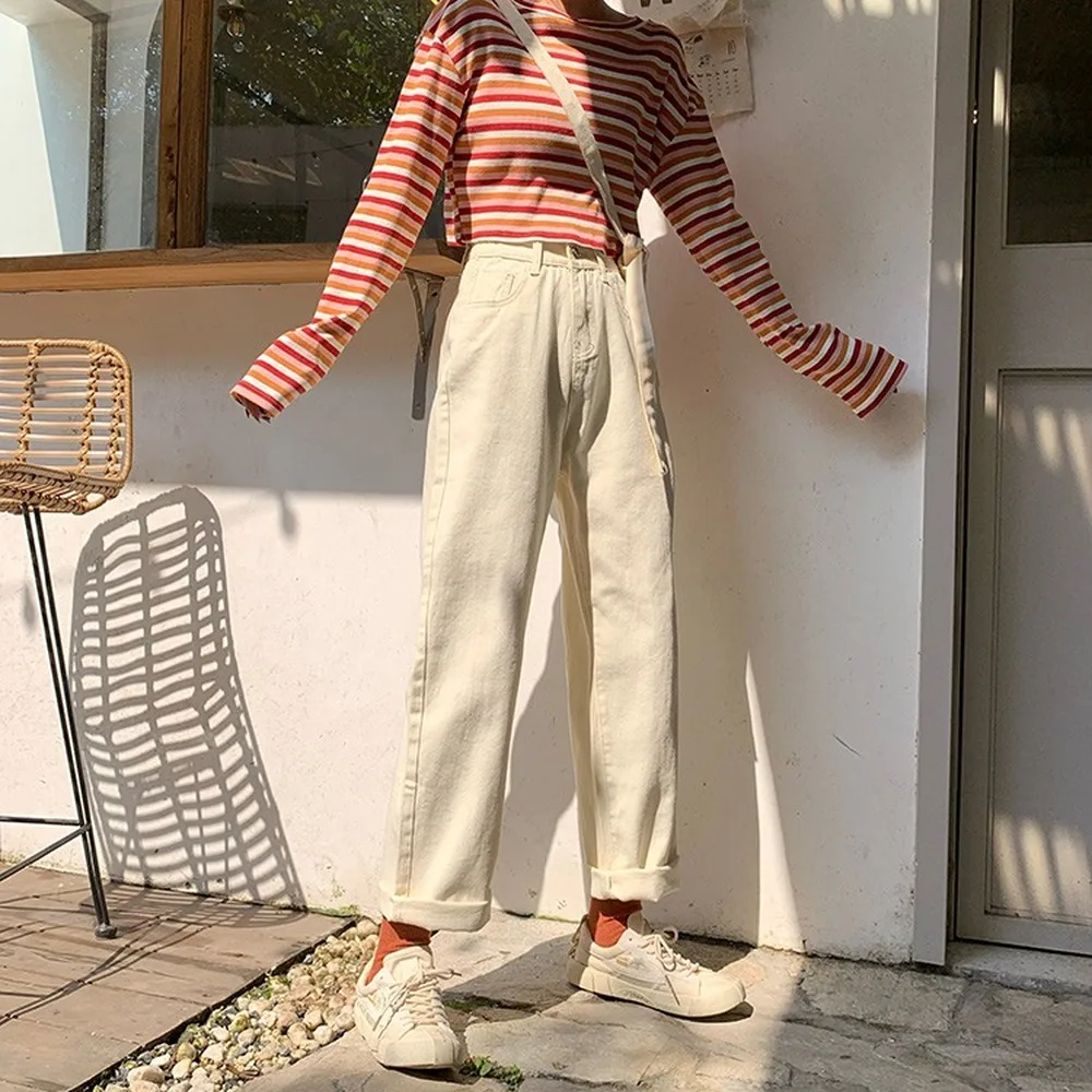 

Джинсы с высокой талией, женские весенне-осенние ретро-шикарные джинсы в стиле BF, популярные широкие джинсы для подростков в консервативном стиле, простые женские джинсовые брюки в стиле Харадзюку