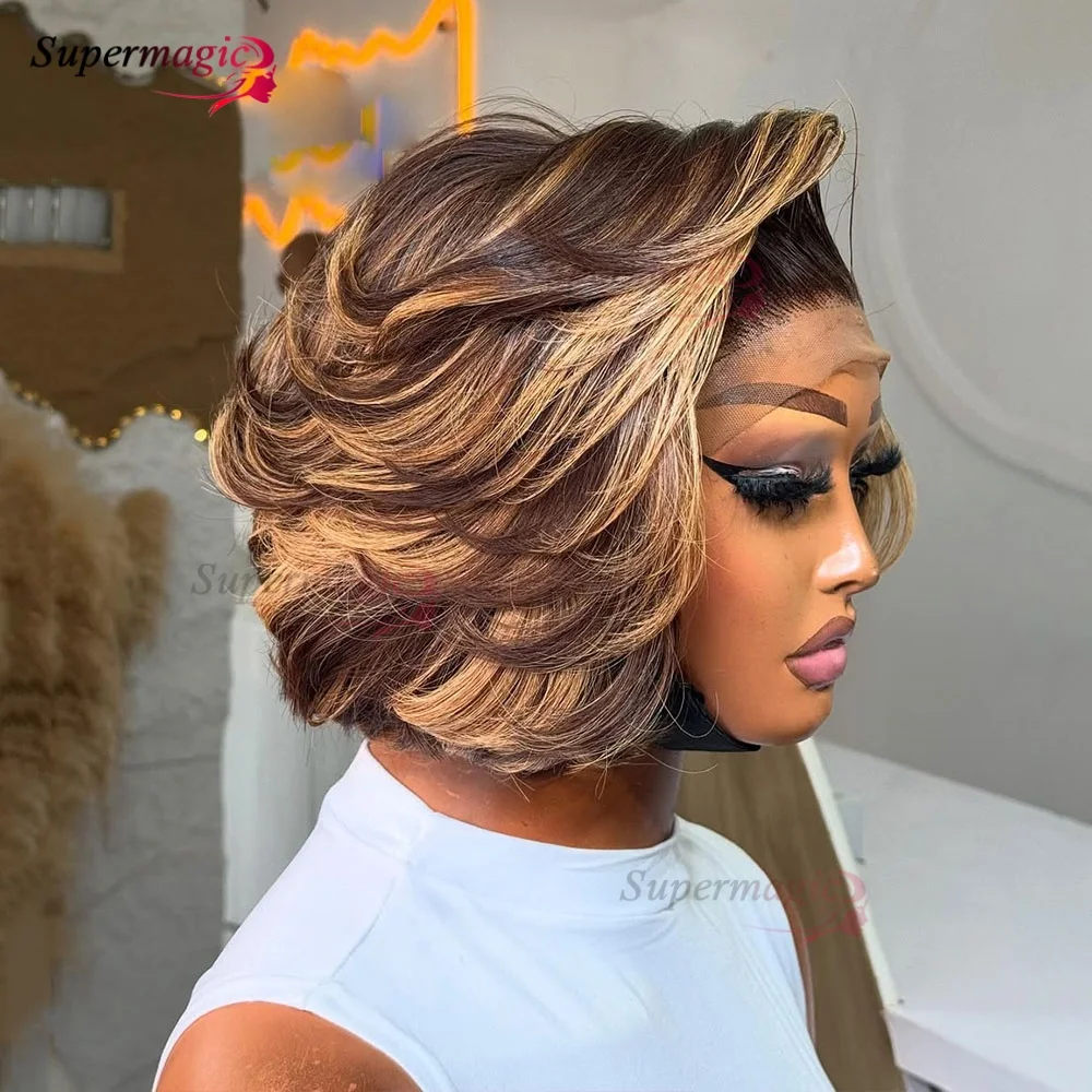 العسل شقراء تسليط الضوء على مستقيم غلويليس الباروكات شعر الإنسان حادة الطبقات قطع نطاط الملونة مستقيم بوب باروكة من شعر طبيعي قطعها مسبقا