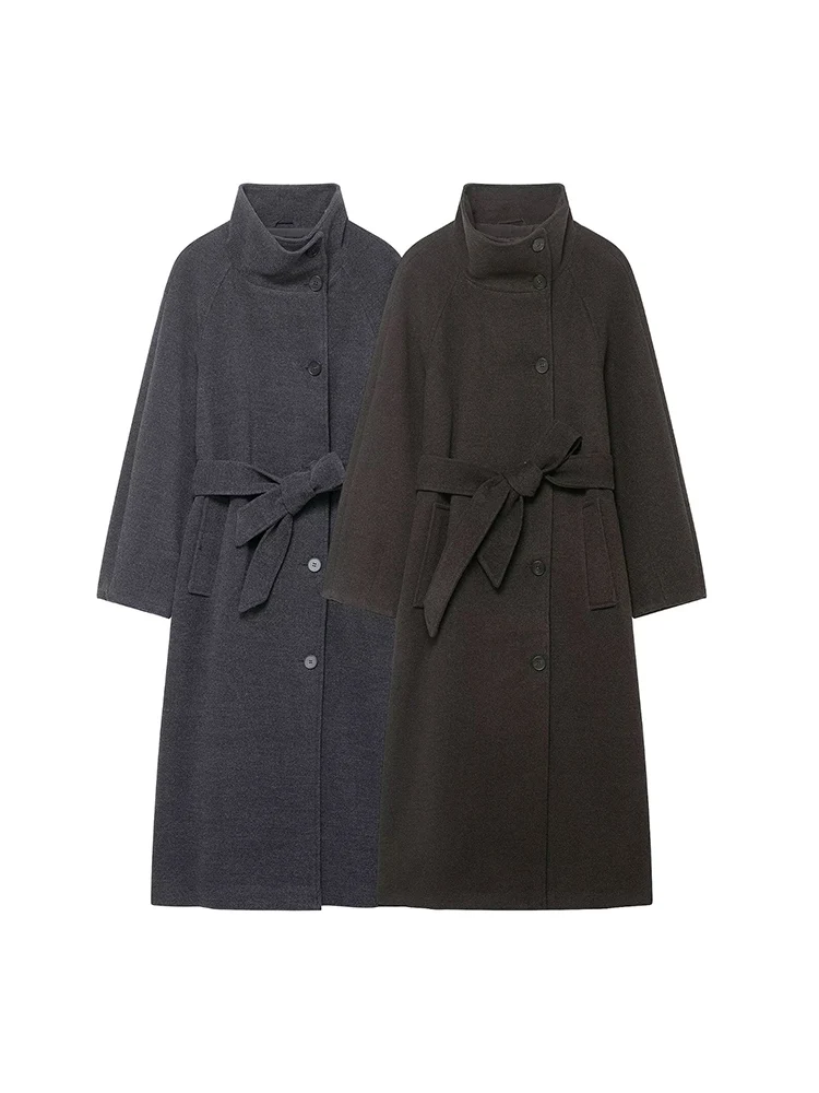 

European style new women's fashionable and versatile solid color stand collar single-breasted belted coat/jacket.