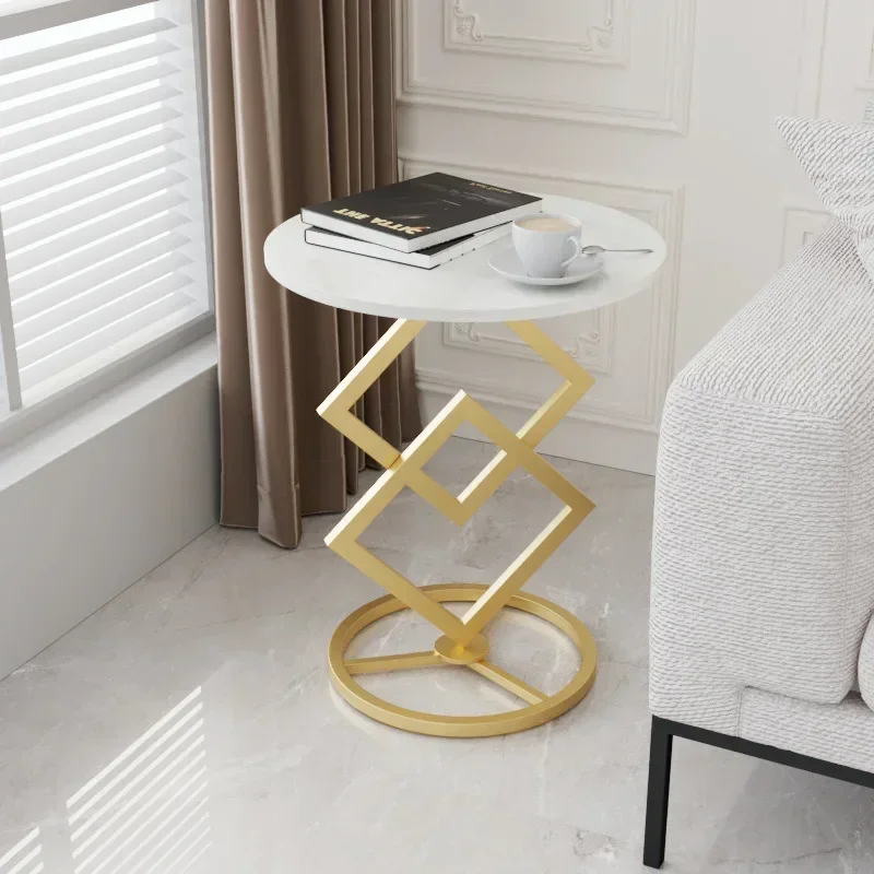 

Creative modern round slate coffee table light luxury small apartment home living room simple metal small side table