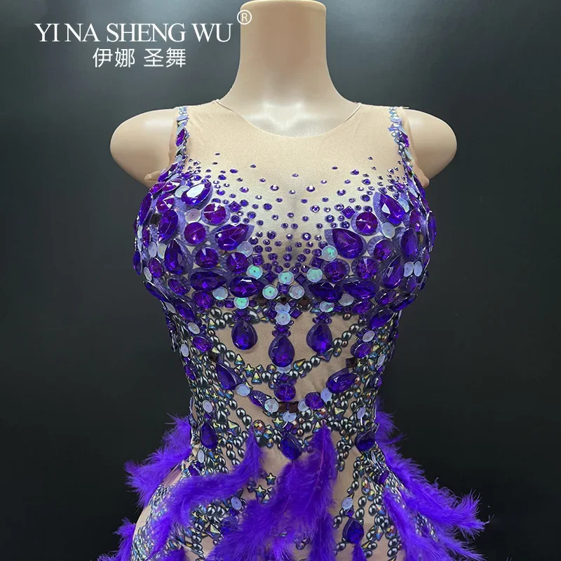 

Сексуальное платье для латиноамериканских танцев без рукавов, фиолетовое, с блестками и перьями, костюм для выступлений, вечерние платья