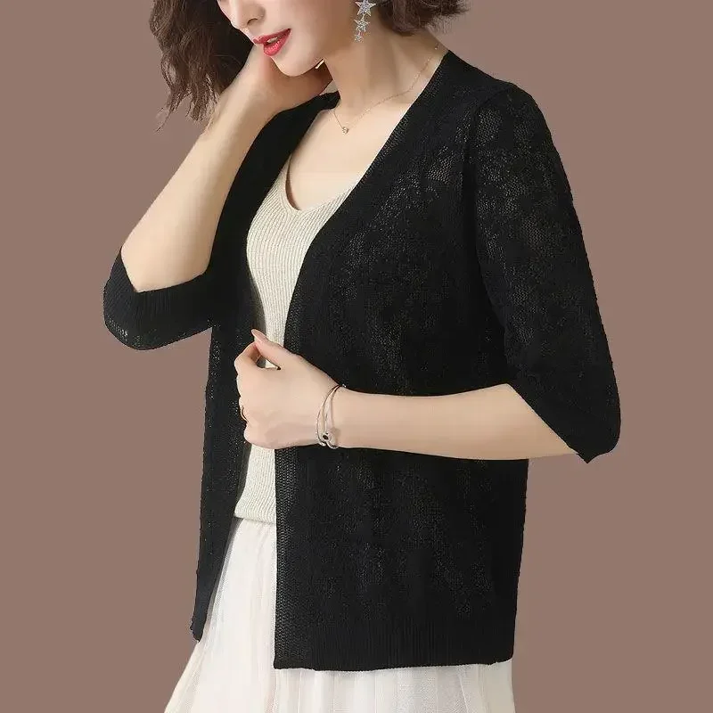 New Oversized 2xl Summer Knit Cardigan Jackets Half Sleeve Lace Knitwears Coats Korean Elegant Trendy Hollow Out Sunscreen Tops