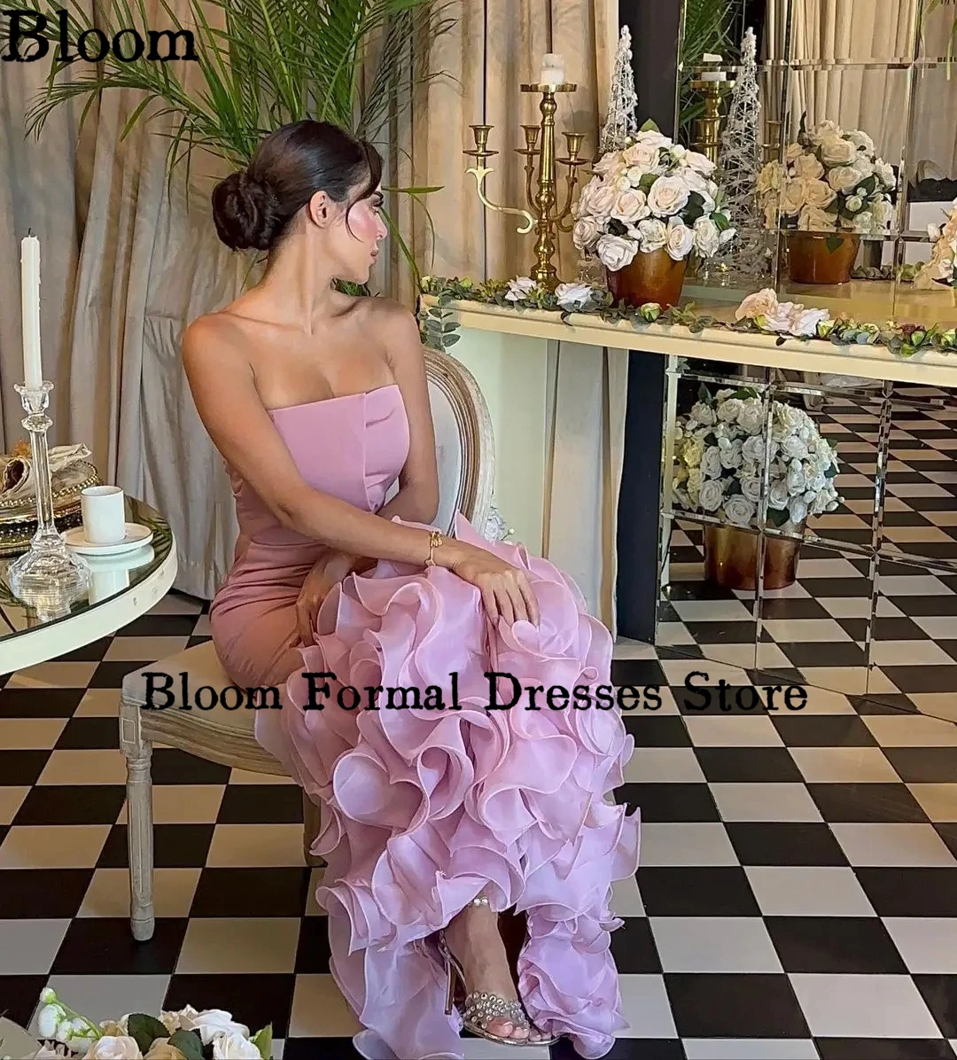 Bloom-vestidos de fiesta sin mangas de sirena Vintage, hasta el tobillo sin tirantes vestidos de graduación, vestidos de Organza con volantes