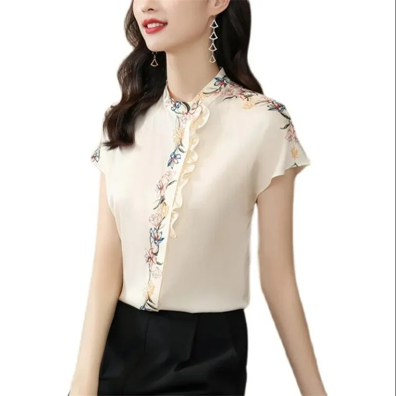 Silk Blouses Short Sleeve For Women Summer Tops Fashion Retro Printed Top Woman Shirt OL Simple Button Shirt Ruffle Female Blous